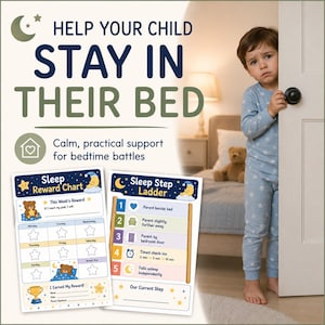 Può includere: Una tabella dei premi per il sonno e una scala dei passi per dormire stampate su carta bianca. Il design presenta un cielo notturno blu con stelle, una luna e un orsacchiotto. Il testo include HELP YOUR CHILD STAY IN THEIR BED e Sleep Reward Chart.
