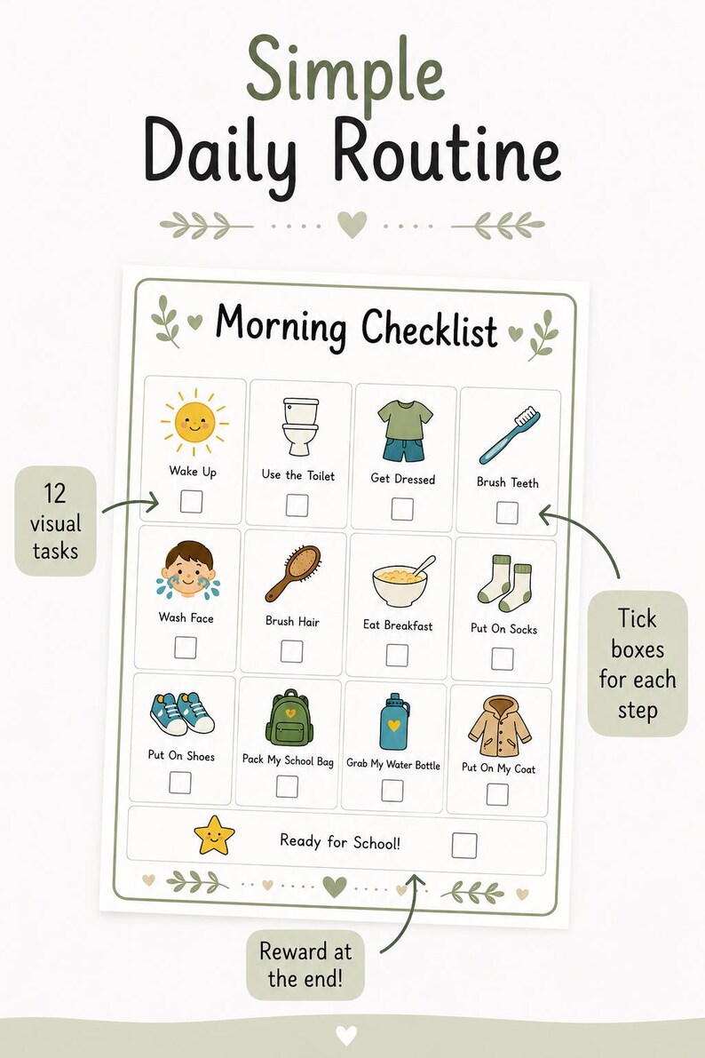Kids Morning Checklist, Visual Routine Chart, School Routine Printable ...