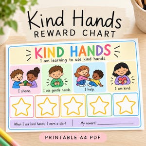 Op de afbeelding: Een Kind Hands beloningskaart gedrukt op A4-papier. De kaart bevat kleurrijke illustraties van kinderen die delen, zachte handen gebruiken, helpen en vriendelijk zijn. Onder de illustraties staan vijf lege steromtrekken en een beloningsruimte.
