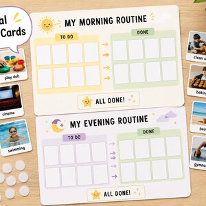 May include: A visual routine chart set featuring two white boards labeled My Morning Routine and My Evening Routine with To Do and Done sections. Includes small square cards with photographic activities like baking, swimming, and crafts, plus white circular tokens.