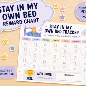 Pode incluir: Um quadro de recompensas imprimível intitulado STAY IN MY OWN BED TRACKER com uma grade semanal de segunda a domingo. O quadro apresenta um ursinho de pelúcia na cama, uma nuvem sorridente e um ícone de troféu com o texto WELL DONE! e MY REWARD.