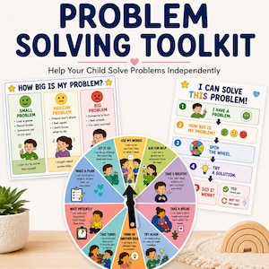 May include: A problem solving toolkit featuring a circular spinner wheel with ten sections, each showing a strategy for children, alongside two instructional posters titled How Big Is My Problem and I Can Solve This Problem with colourful illustrations.