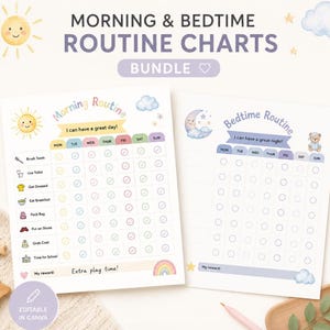 May include: A bundle of two printable morning and bedtime routine charts. The charts feature a cheerful sun and moon design with space to track daily tasks. Text includes "Morning Routine" and "Bedtime Routine". The charts are editable in Canva.