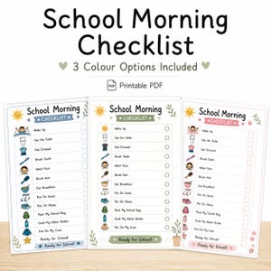 Könnte beinhalten: Eine druckbare PDF-Checkliste für den Schulmorgen in drei Farbvarianten. Jede Liste enthält illustrierte Symbole für tägliche Aufgaben wie Aufstehen, Zähneputzen und Tasche packen, mit Kästchen zum Abhaken der Fortschritte für den Schulstart.