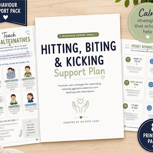 Op de afbeelding: Een printbaar gedragsondersteuningsplan getiteld Hitting, Biting & Kicking Support Plan. Het bevat pagina's met illustraties van kinderen, tekst over veilige alternatieven en zakformaat herinneringskaarten met kalme scripts voor verzorgers.