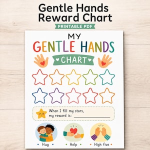 Pode incluir: Um quadro de recompensas imprimível intitulado My Gentle Hands Chart com texto e gráficos coloridos. Possui dez contornos de estrelas vazios para acompanhar o progresso, uma seção para metas de recompensa e três ilustrações circulares mostrando um abraço, ajuda e um toque de mãos.