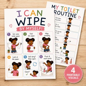 May include: Two educational posters titled I CAN WIPE BY MYSELF and MY TOILET ROUTINE. The charts feature colorful illustrations of a child demonstrating steps for bathroom hygiene, including using toilet paper, wiping, flushing, and washing hands.