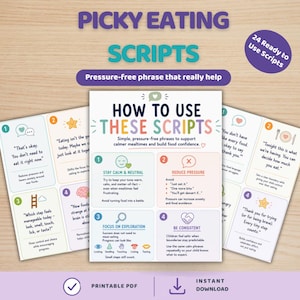 Puede incluir: Un conjunto de tarjetas imprimibles tituladas Picky Eating Scripts con 24 frases listas para usar. Las tarjetas incluyen instrucciones sobre cómo utilizar estos guiones para fomentar comidas más tranquilas y generar confianza al comer.