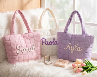 Personalized quilted nylon tote bags, embroidered shoulder bags, perfect bridesmaid invitations and beach trip gifts.