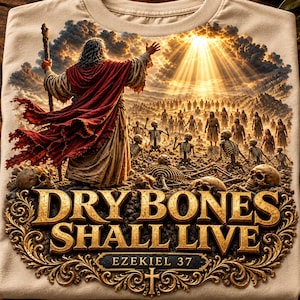May include: A beige t-shirt featuring a graphic print of a figure in a red robe holding a staff, standing before a valley of skeletons and people under a bright sun. The text reads "DRY BONES SHALL LIVE" and "EZEKIEL 37" with a cross symbol.