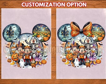 May include: Two DTF transfer sheets featuring Mickey Mouse-shaped designs with Halloween themes. Characters include Goofy in a skeleton suit, Mickey, Minnie, Donald, and Daisy in costumes, surrounded by pumpkins, ghosts, and a haunted house.