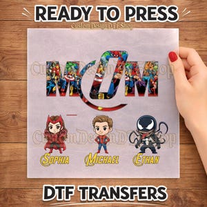 Transfert thermocollant personnalisé super-héros DTF, transfert familial personnalisé, transfert pour t-shirt papa, maman, grand-mère, transfert nom Marvel PNG