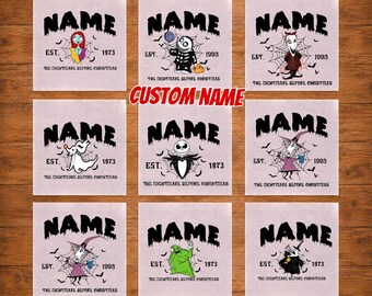 May include: A collection of nine square DTF transfers featuring characters from The Nightmare Before Christmas. Each design includes the text NAME, EST. 1973 or 1993, and The Nightmare Before Christmas, with spiderwebs, bats, and colorful character illustrations.