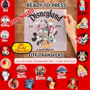 Puede incluir: Una transferencia DTF con el logotipo de Disneyland y varios personajes de Disney. La imagen incluye el texto "READY TO PRESS", "PERSONALIZED", "300+ Pocket Characters" y "DTF TRANSFERS". Se muestran dise&ntilde;os de personajes adicionales.