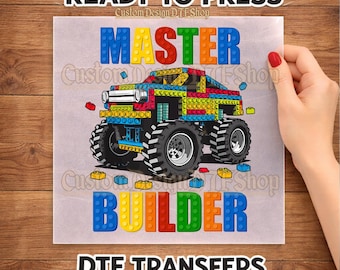 Master Builder Building Bricks Truck DTF Transfer Ready to Press, Iron on Transfer,Birthday Boy DTF,Master Builder Demo Expert Clean Up Crew