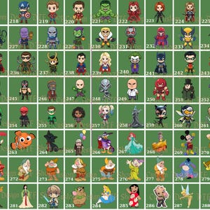 Puede incluir: Una colecci&oacute;n de dise&ntilde;os de personajes de dibujos animados, incluyendo superh&eacute;roes, villanos y personajes de Disney, dispuestos en un patr&oacute;n de cuadr&iacute;cula. Los personajes est&aacute;n representados en estilo chibi con colores vibrantes y rasgos distintivos. El fondo es verde liso.