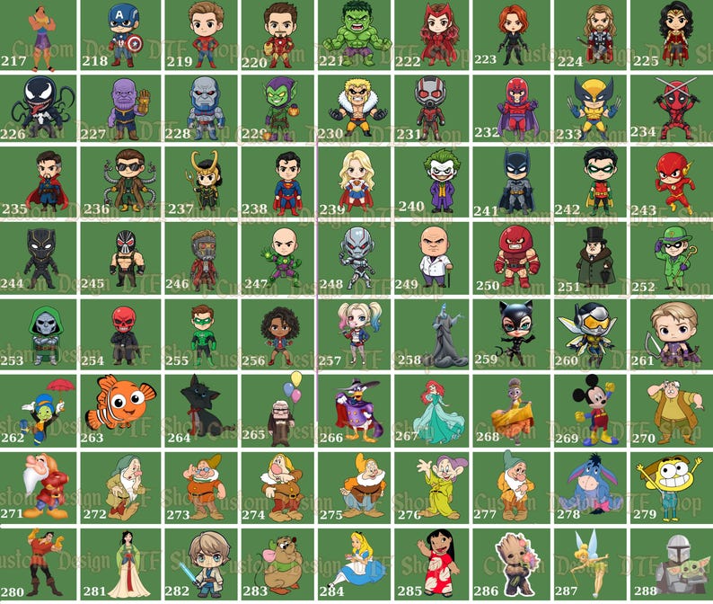 Puede incluir: Una colecci&oacute;n de dise&ntilde;os de personajes de dibujos animados, incluyendo superh&eacute;roes, villanos y personajes de Disney, dispuestos en un patr&oacute;n de cuadr&iacute;cula. Los personajes est&aacute;n representados en estilo chibi con colores vibrantes y rasgos distintivos. El fondo es verde liso.