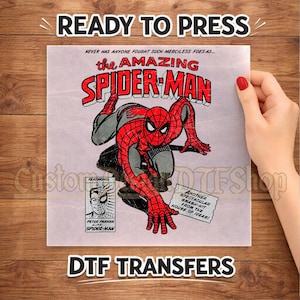 Transfert Spider-Man Comic DTF, conception rétro de presse à chaud de super-héros (prêt à presser)