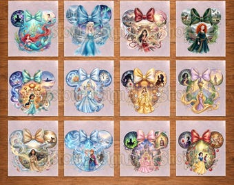 May include: A collection of twelve DTF transfers featuring various animated characters arranged in Mickey Mouse ear shapes with bows. Each design includes a central character surrounded by thematic scenes and a decorative bow at the top of the ears.