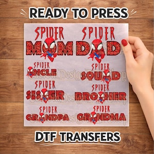Transfert DTF Spider Family prêt à presser, super héros anniversaire fer sur le transfert, Spidey maman papa frère soeur grand-mère grand-père papa marraine