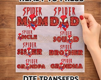 Spider Family DTF Transfer Ready to Press, Superhero Birthday Iron on Transfer, Spidey Mom Dad Brother Sister Grandma Grandpa Papa Godmom