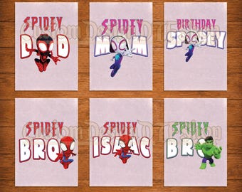 May include: Six rectangular DTF transfers featuring cartoon characters and text. The designs include Spidey Dad, Spidey Mom, Birthday Spidey, Spidey Bro, Spidey Isaac, and Spidey Bro with Hulk. The text READY TO PRESS and DTF TRANSFERS is visible.