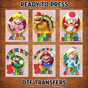 Transferts DTF Famille Mario prêts à l'emploi, Transfert thermocollant personnalisé Mario pour anniversaire garçon, Feuille de transfert thermique pour t-shirts assortis pour toute la famille