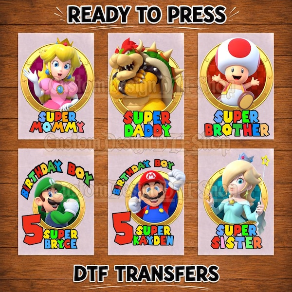 Mario Family DTF Transfers Ready to Press, Custom Mario Birthday Boy Iron on Transfer, Family Matching Shirts Heat Transfer Design Sheet