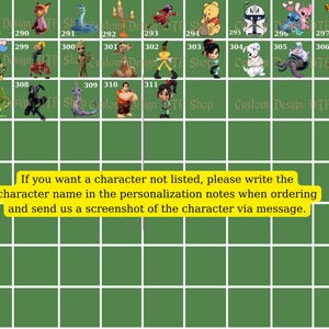 Puede incluir: Una cuadr&iacute;cula de dise&ntilde;os de personajes de dibujos animados, incluyendo un conejo, un zorro y un drag&oacute;n azul. La imagen tambi&eacute;n presenta personajes como Winnie the Pooh, Stitch y Simba. El texto en la parte inferior dice: "Si quieres un personaje no listado, escribe el nombre..."