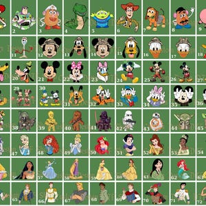 Puede incluir: Una cuadr&iacute;cula de im&aacute;genes de personajes de dibujos animados sobre un fondo verde. Los personajes incluyen a Woody, Buzz Lightyear, Mickey Mouse, Minnie Mouse, el Pato Donald y varias princesas de Disney y personajes de Star Wars. Las im&aacute;genes son de varios colores.