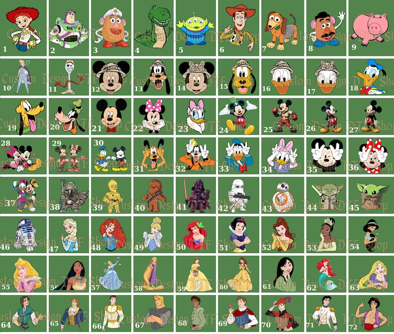 Puede incluir: Una cuadr&iacute;cula de im&aacute;genes de personajes de dibujos animados sobre un fondo verde. Los personajes incluyen a Woody, Buzz Lightyear, Mickey Mouse, Minnie Mouse, el Pato Donald y varias princesas de Disney y personajes de Star Wars. Las im&aacute;genes son de varios colores.