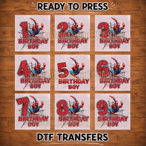 Transfert DTF Spiderman Birthday Boy, conception de chemise de fête d'anniversaire de super-héros, numéro d'âge personnalisé Birthday Boy DTF, presse Spiderman DTF