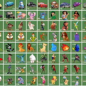 Puede incluir: Una cuadr&iacute;cula de dise&ntilde;os de personajes de dibujos animados, que incluyen coches, animales y varias figuras animadas. Cada dise&ntilde;o est&aacute; sobre un fondo verde, con n&uacute;meros debajo de cada imagen. Los personajes son de pel&iacute;culas de animaci&oacute;n populares.
