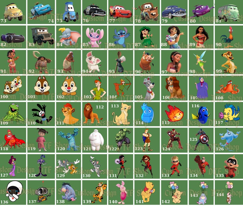 Puede incluir: Una cuadr&iacute;cula de dise&ntilde;os de personajes de dibujos animados, que incluyen coches, animales y varias figuras animadas. Cada dise&ntilde;o est&aacute; sobre un fondo verde, con n&uacute;meros debajo de cada imagen. Los personajes son de pel&iacute;culas de animaci&oacute;n populares.