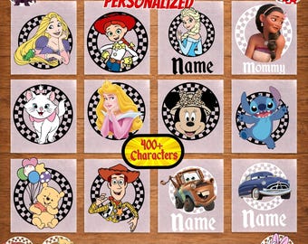 May include: A collection of DTF transfers featuring various cartoon characters in circular checkered frames. Text includes READY TO PRESS, PERSONALIZED, 400+ Characters, and DTF TRANSFERS. Characters include princesses, animals, and vehicles.
