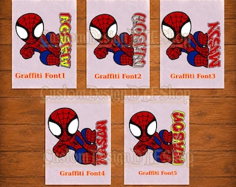 May include: Five DTF transfer sheets featuring a cartoon spider-themed character in red and blue, each paired with the name Mason in various graffiti-style fonts labeled Graffiti Font1 through Graffiti Font5, set against a light background.