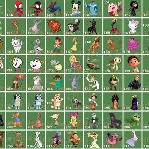 Puede incluir: Una colecci&oacute;n de dise&ntilde;os de personajes de dibujos animados, incluyendo a Spider-Man, Mickey Mouse y Hello Kitty, mostrados sobre un fondo verde. Cada personaje est&aacute; en un cuadrado numerado, ofreciendo una variedad de opciones para dise&ntilde;os personalizados.