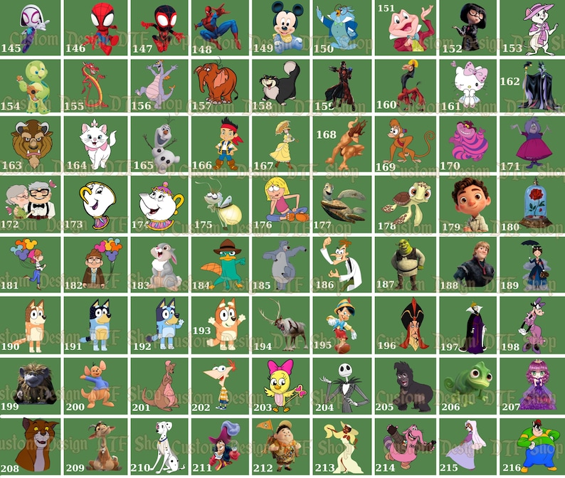 Puede incluir: Una colecci&oacute;n de dise&ntilde;os de personajes de dibujos animados, incluyendo a Spider-Man, Mickey Mouse y Hello Kitty, mostrados sobre un fondo verde. Cada personaje est&aacute; en un cuadrado numerado, ofreciendo una variedad de opciones para dise&ntilde;os personalizados.