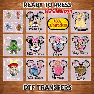 Transfert thermocollant personnalisé Disney avec tous les personnages en vacances en famille, prêt à l'emploi.