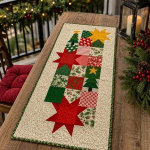 May include: A rectangular quilted table runner featuring a patchwork design of red, green, and cream fabrics. The pattern includes star shapes, stylized Christmas trees, and floral motifs, finished with a thin green border on a cream background.