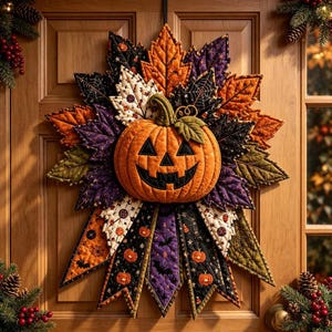 May include: A quilted fabric wall hanging shaped like a starburst of autumn leaves surrounding a central orange jack-o'-lantern. The leaves feature patterns of black bats, orange pumpkins, spiderwebs, and white lollipops on black, purple, and orange fabric.