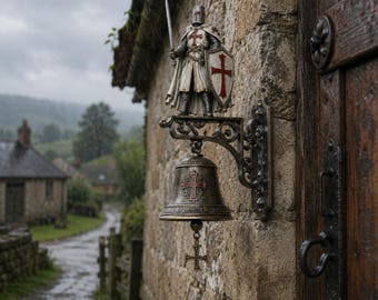 Medieval Crusader Doorbell, Antique Bronze Bell with Sword-Wielding Knight Statue for Gothic Home Decor