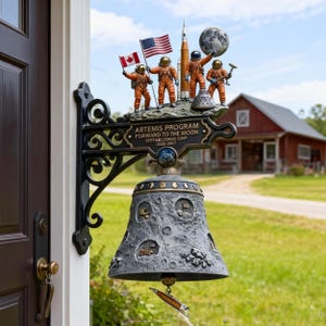 Artemis Program Moon Bell, Astronaut Figurines with Flags and Rocket on Vintage Style Wrought Iron Bracket