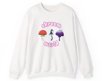 Sudadera unisex Shroom World | Ilustración de setas hecha a mano, cuello redondo, sudadera con estampado de hongos, ropa cottagecore, estilo caprichoso