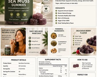Sea Moss Gummies für Frauen & Männer - Irisches Moos Nahrungsergänzungsmittel für Energie, Immunsystem, Haut und Haar Unterstützung - 60 Gummies
