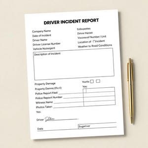May include: A white Driver Incident Report form with black text and a gold pen. The form includes fields for company name, driver information, and incident details. The pen is positioned on the right side of the form.