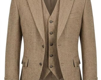 Veste kilt en tweed écossais marron clair avec gilet pour mariages et fêtes
