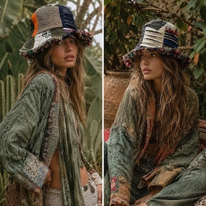 May include: A patchwork bucket hat with a frayed brim, featuring a mix of colors including orange, green, and navy. The hat is paired with a long, flowing green patterned robe. The overall aesthetic is bohemian and relaxed.