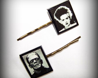 Handmade Halloween Polymer Clay Frankenstein and Bride Antique Bronze Bobby Pins Set