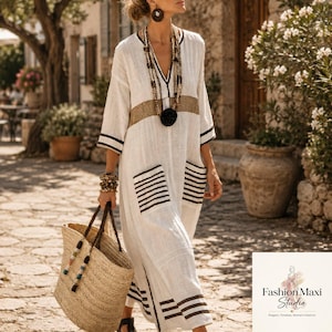 Leinen Maxi Kleid, Boho Strand, Gestreifter Kaftan, Sommer-Resort, Übergröße Leinen